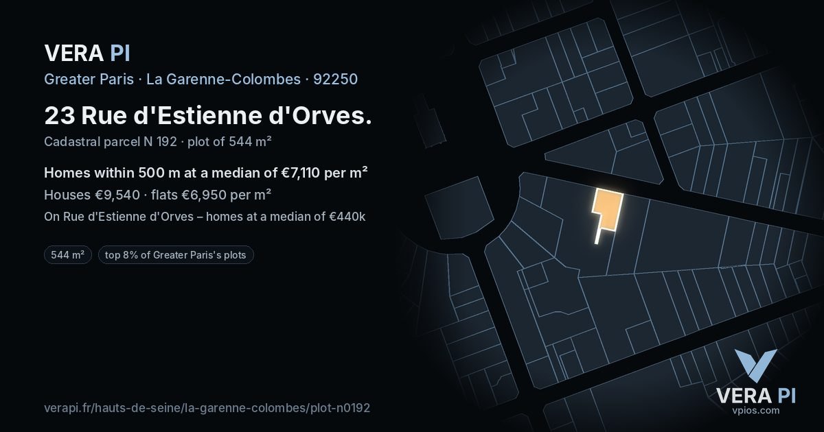 23 Rue d'Estienne d'Orves, La Garenne-Colombes at night – the plot lit, the parcels around coloured by the prices near them