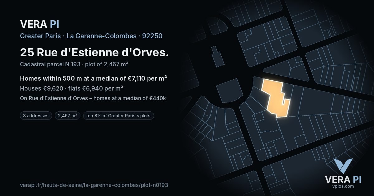 25 Rue d'Estienne d'Orves, La Garenne-Colombes at night – the plot lit, the parcels around coloured by the prices near them