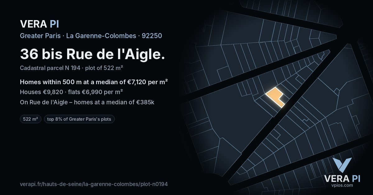 36 bis Rue de l'Aigle, La Garenne-Colombes at night – the plot lit, the parcels around coloured by the prices near them