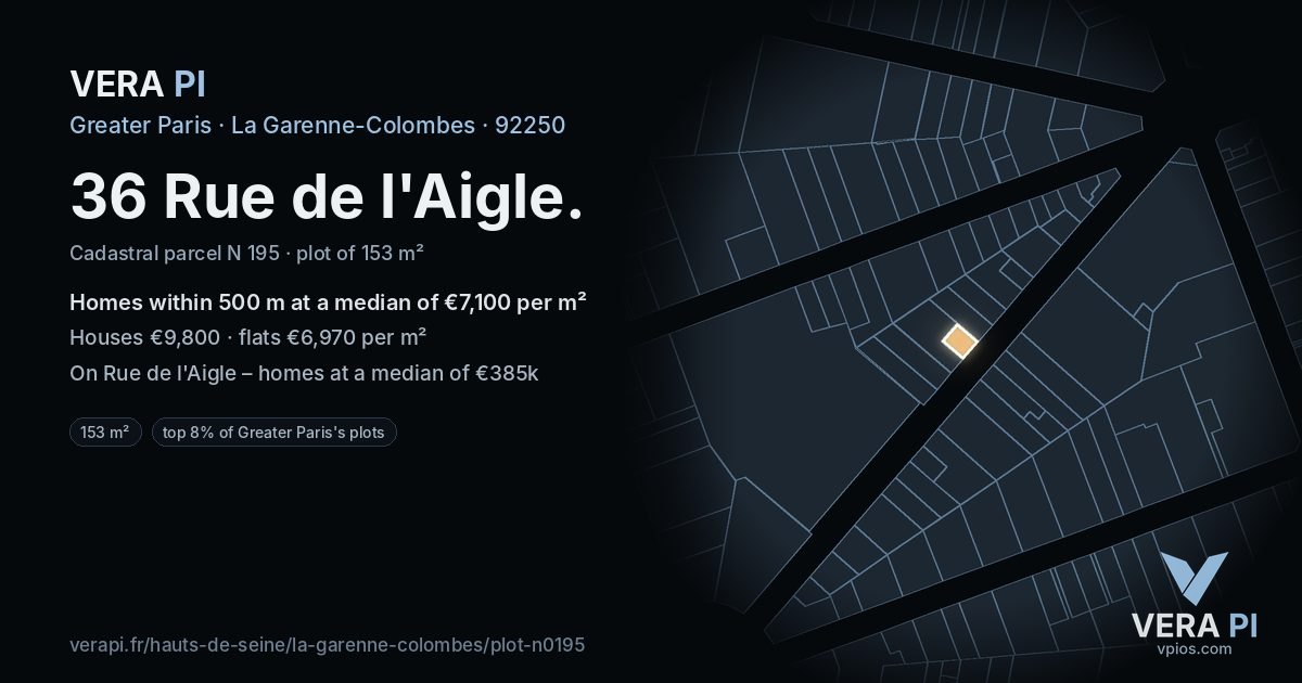 36 Rue de l'Aigle, La Garenne-Colombes at night – the plot lit, the parcels around coloured by the prices near them