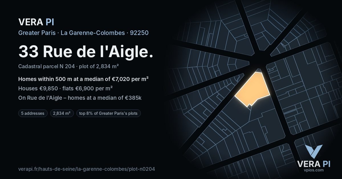 33 Rue de l'Aigle, La Garenne-Colombes at night – the plot lit, the parcels around coloured by the prices near them