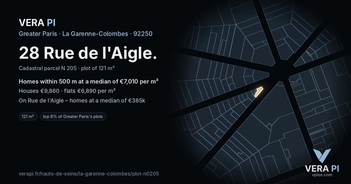 28 Rue de l'Aigle, La Garenne-Colombes at night – the plot lit, the parcels around coloured by the prices near them