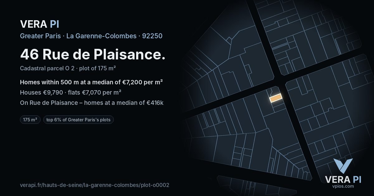 46 Rue de Plaisance, La Garenne-Colombes at night – the plot lit, the parcels around coloured by the prices near them