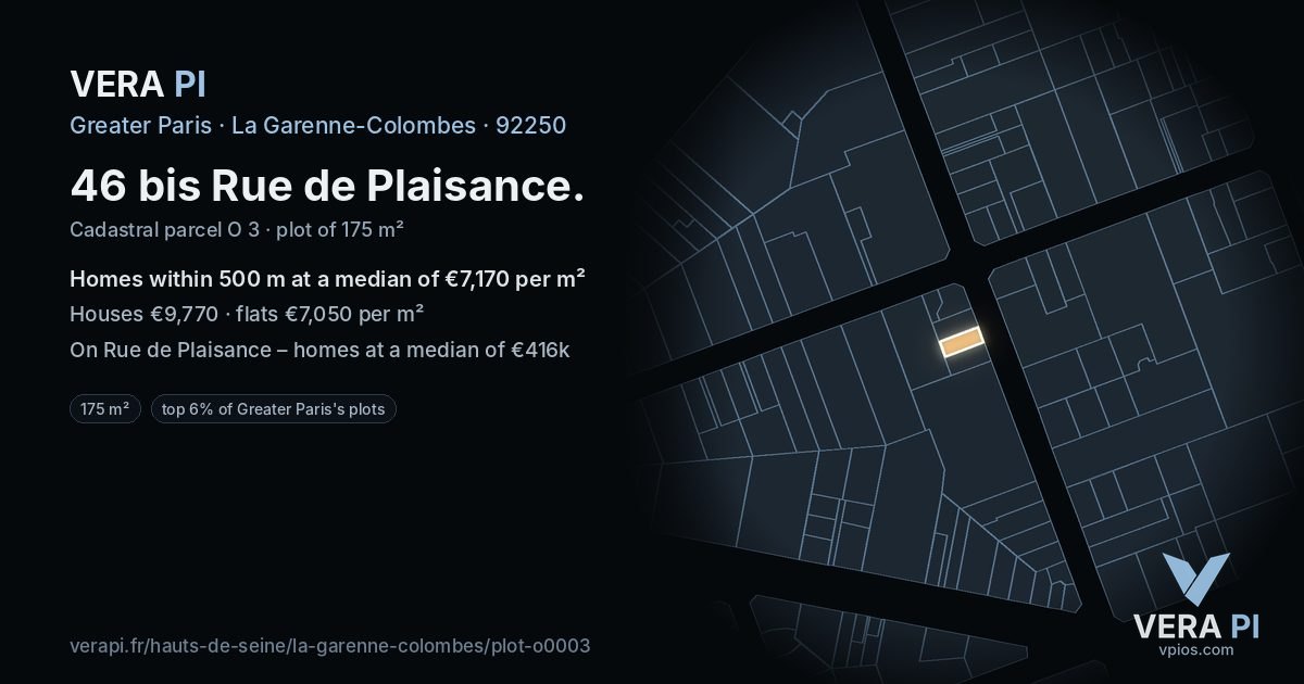 46 bis Rue de Plaisance, La Garenne-Colombes at night – the plot lit, the parcels around coloured by the prices near them