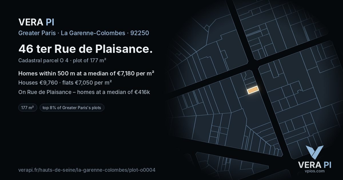 46 ter Rue de Plaisance, La Garenne-Colombes at night – the plot lit, the parcels around coloured by the prices near them