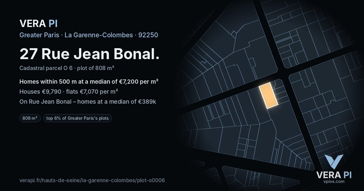27 Rue Jean Bonal, La Garenne-Colombes at night – the plot lit, the parcels around coloured by the prices near them
