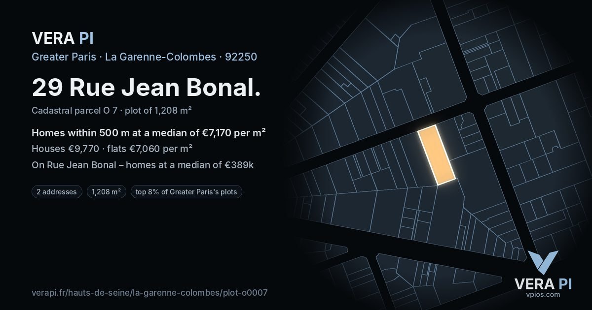 29 Rue Jean Bonal, La Garenne-Colombes at night – the plot lit, the parcels around coloured by the prices near them