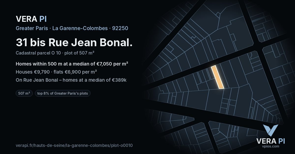 31 bis Rue Jean Bonal, La Garenne-Colombes at night – the plot lit, the parcels around coloured by the prices near them