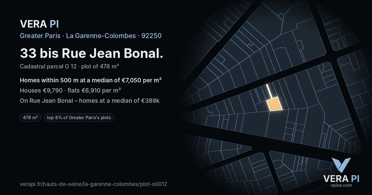 33 bis Rue Jean Bonal, La Garenne-Colombes at night – the plot lit, the parcels around coloured by the prices near them