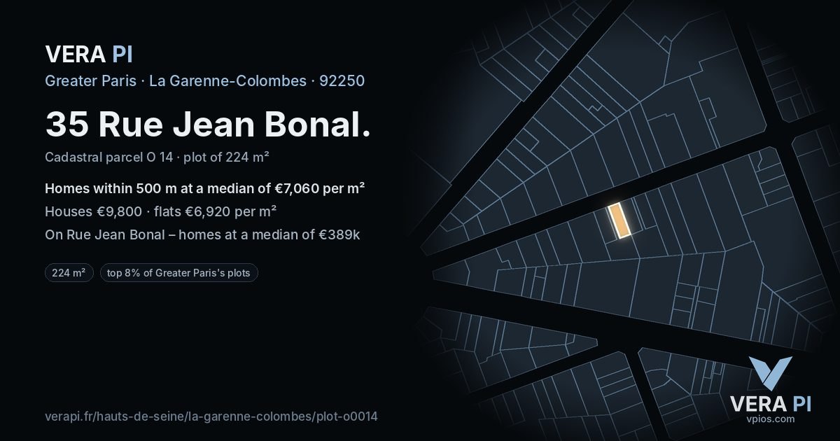 35 Rue Jean Bonal, La Garenne-Colombes at night – the plot lit, the parcels around coloured by the prices near them