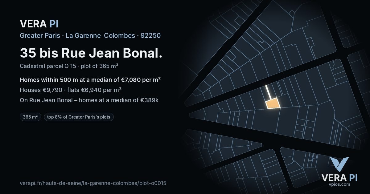 35 bis Rue Jean Bonal, La Garenne-Colombes at night – the plot lit, the parcels around coloured by the prices near them