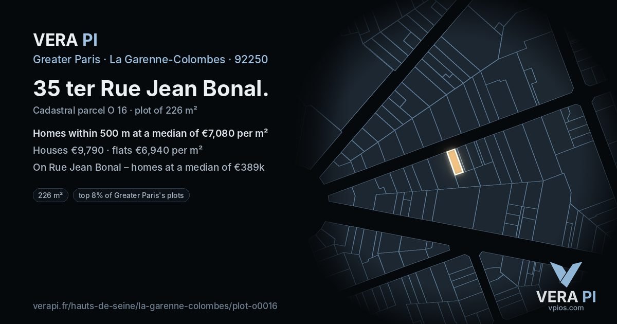 35 ter Rue Jean Bonal, La Garenne-Colombes at night – the plot lit, the parcels around coloured by the prices near them