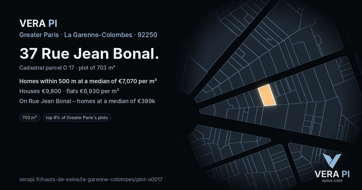 37 Rue Jean Bonal, La Garenne-Colombes at night – the plot lit, the parcels around coloured by the prices near them