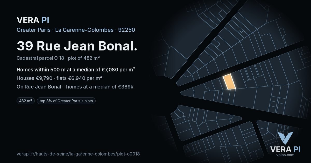 39 Rue Jean Bonal, La Garenne-Colombes at night – the plot lit, the parcels around coloured by the prices near them
