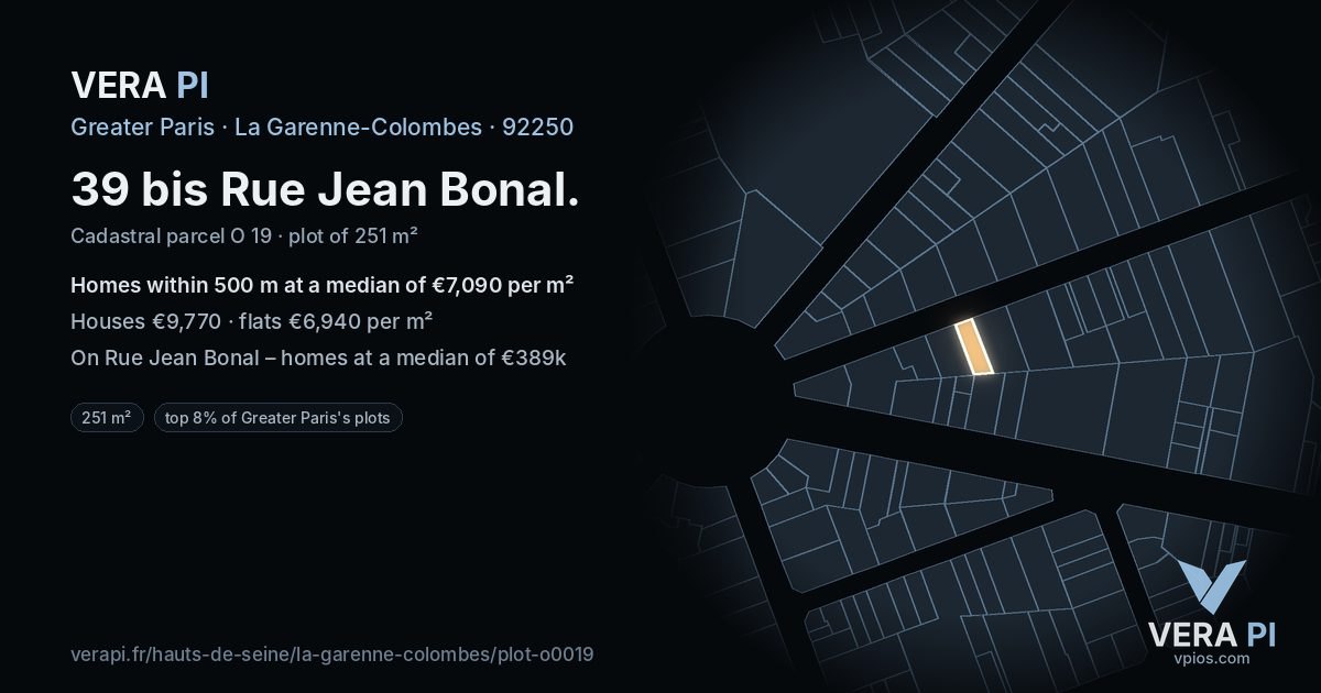 39 bis Rue Jean Bonal, La Garenne-Colombes at night – the plot lit, the parcels around coloured by the prices near them