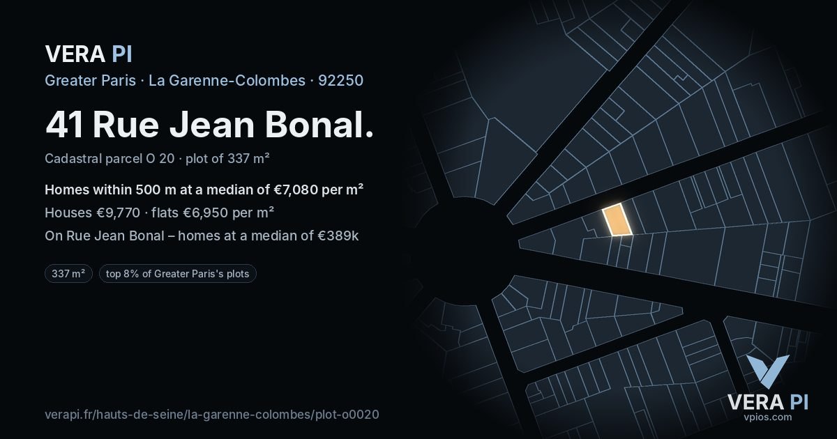 41 Rue Jean Bonal, La Garenne-Colombes at night – the plot lit, the parcels around coloured by the prices near them