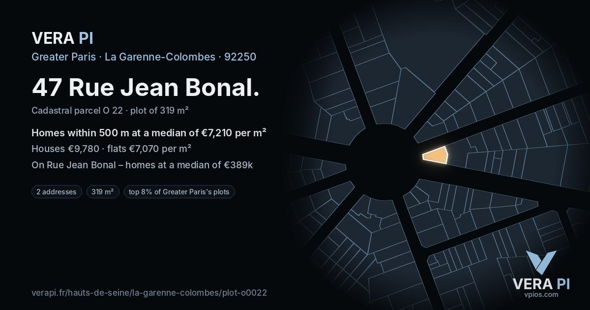 47 Rue Jean Bonal, La Garenne-Colombes at night – the plot lit, the parcels around coloured by the prices near them