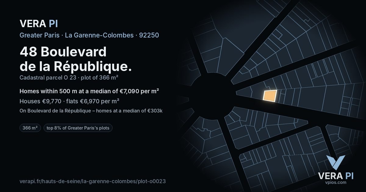 48 Boulevard de la République, La Garenne-Colombes at night – the plot lit, the parcels around coloured by the prices near them