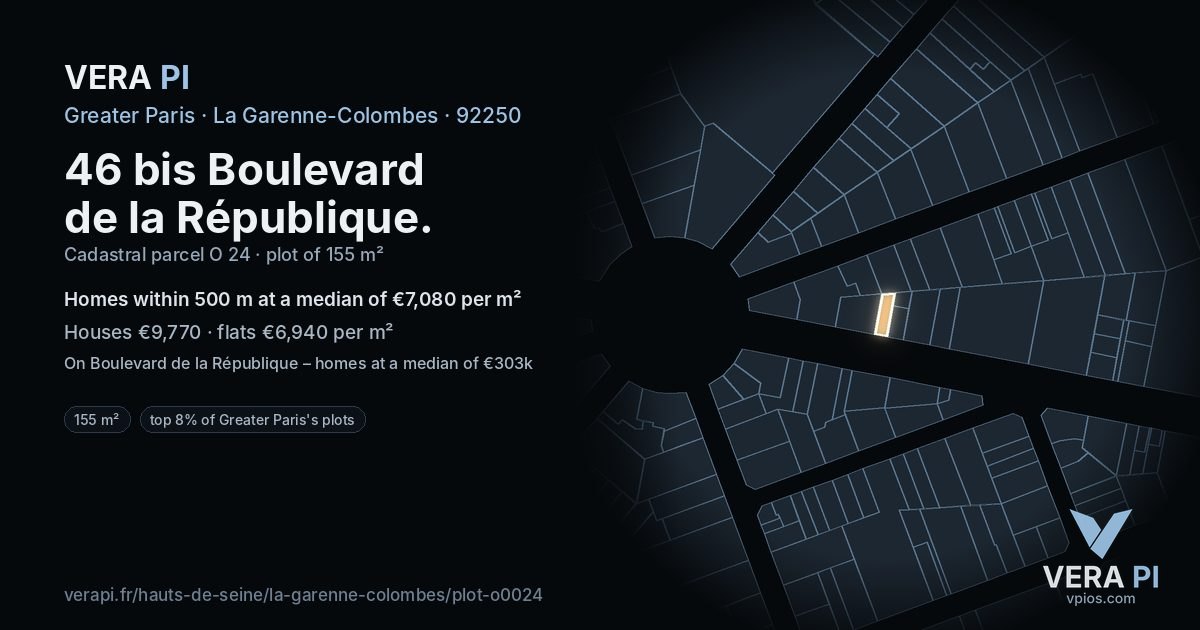46 bis Boulevard de la République, La Garenne-Colombes at night – the plot lit, the parcels around coloured by the prices near them
