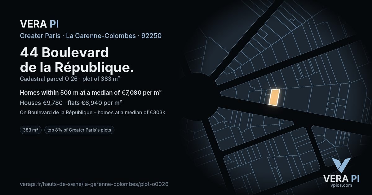 44 Boulevard de la République, La Garenne-Colombes at night – the plot lit, the parcels around coloured by the prices near them