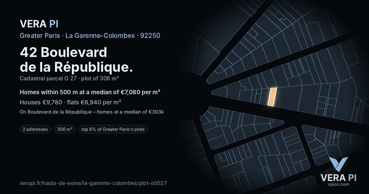 42 Boulevard de la République, La Garenne-Colombes at night – the plot lit, the parcels around coloured by the prices near them