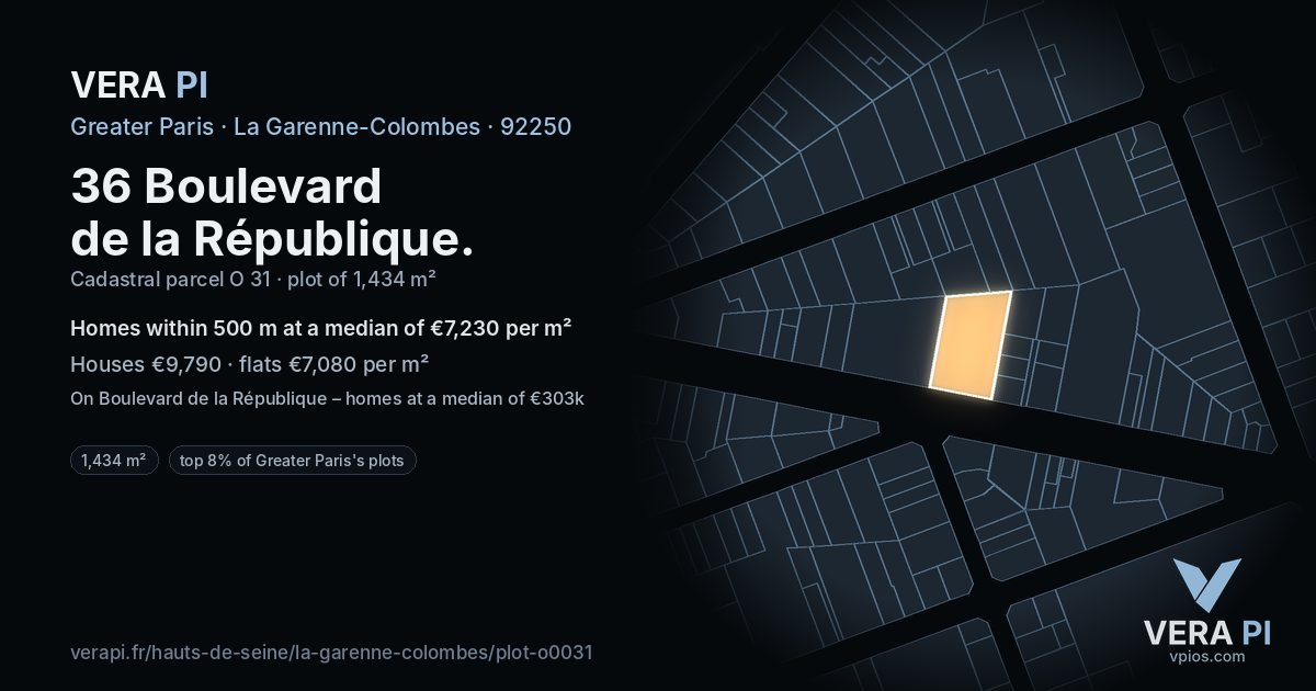 36 Boulevard de la République, La Garenne-Colombes at night – the plot lit, the parcels around coloured by the prices near them