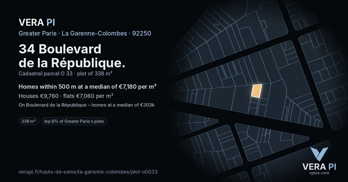 34 Boulevard de la République, La Garenne-Colombes at night – the plot lit, the parcels around coloured by the prices near them