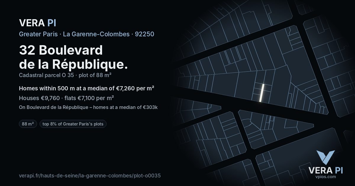 32 Boulevard de la République, La Garenne-Colombes at night – the plot lit, the parcels around coloured by the prices near them