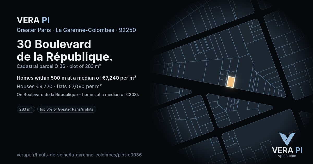 30 Boulevard de la République, La Garenne-Colombes at night – the plot lit, the parcels around coloured by the prices near them
