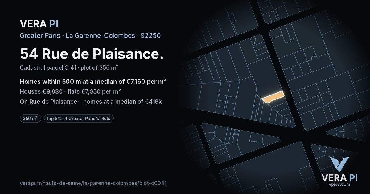 54 Rue de Plaisance, La Garenne-Colombes at night – the plot lit, the parcels around coloured by the prices near them
