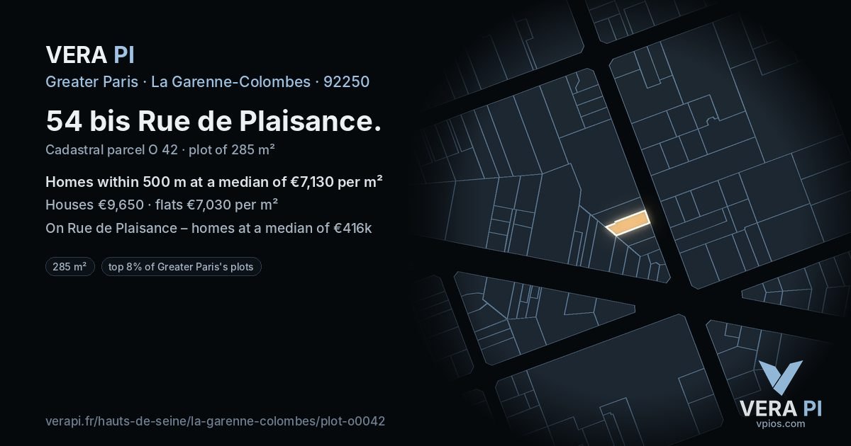 54 bis Rue de Plaisance, La Garenne-Colombes at night – the plot lit, the parcels around coloured by the prices near them