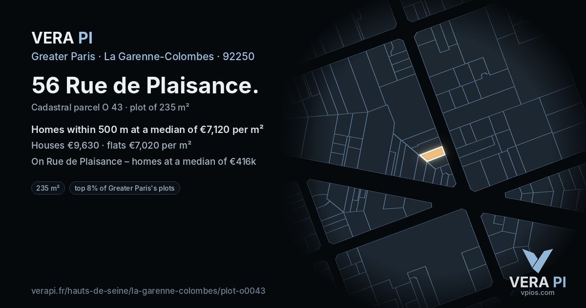 56 Rue de Plaisance, La Garenne-Colombes at night – the plot lit, the parcels around coloured by the prices near them