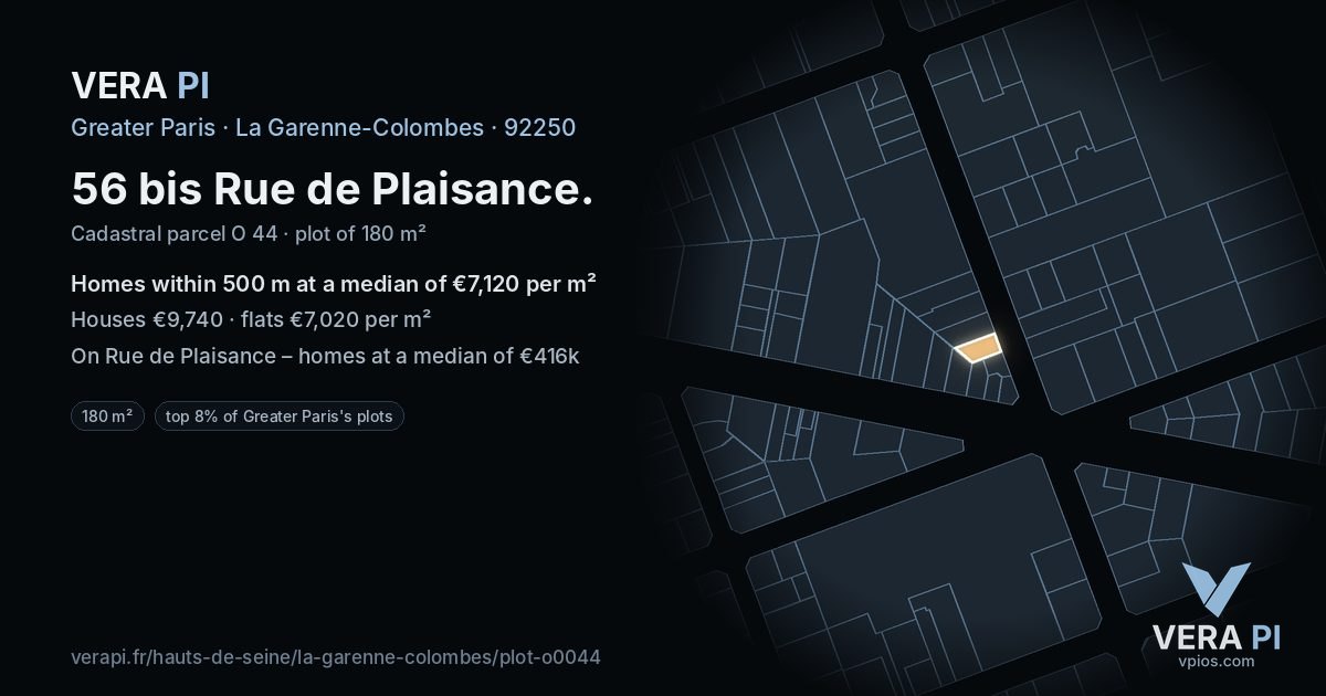 56 bis Rue de Plaisance, La Garenne-Colombes at night – the plot lit, the parcels around coloured by the prices near them