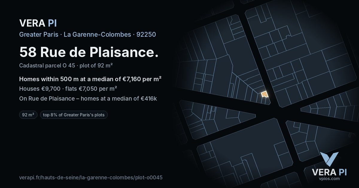 58 Rue de Plaisance, La Garenne-Colombes at night – the plot lit, the parcels around coloured by the prices near them