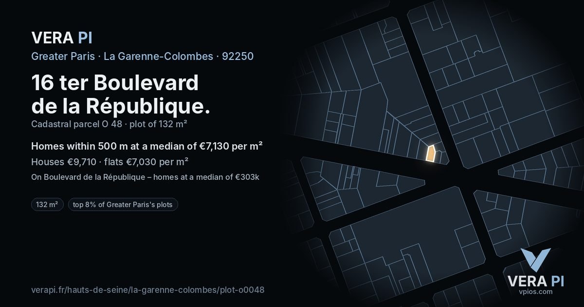 16 ter Boulevard de la République, La Garenne-Colombes at night – the plot lit, the parcels around coloured by the prices near them