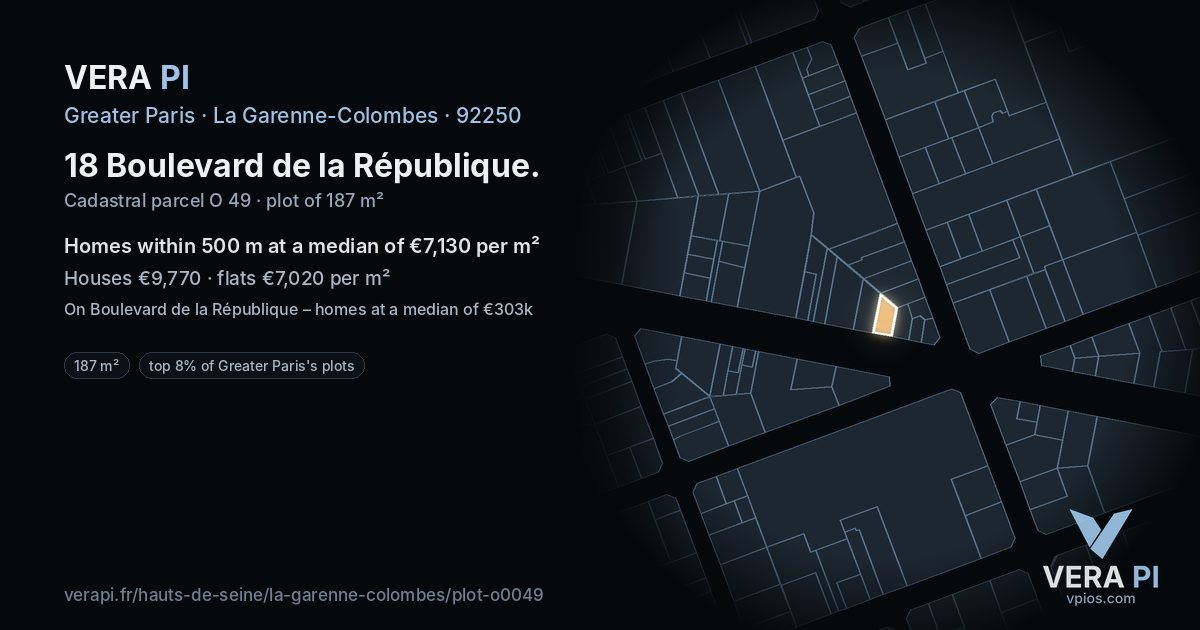 18 Boulevard de la République, La Garenne-Colombes at night – the plot lit, the parcels around coloured by the prices near them