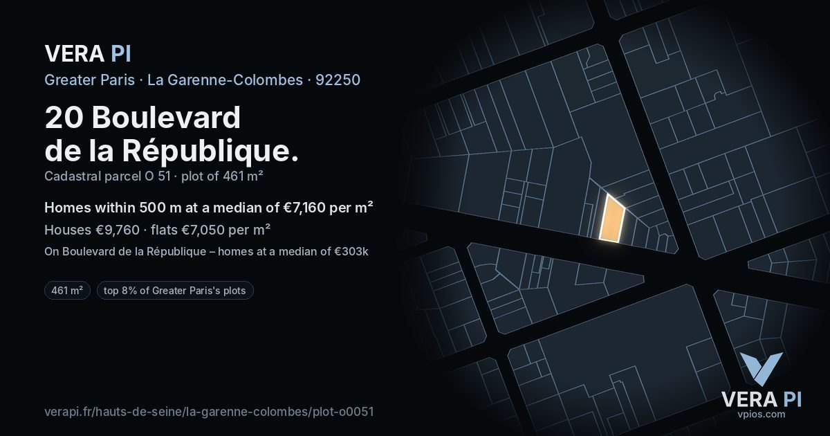 20 Boulevard de la République, La Garenne-Colombes at night – the plot lit, the parcels around coloured by the prices near them