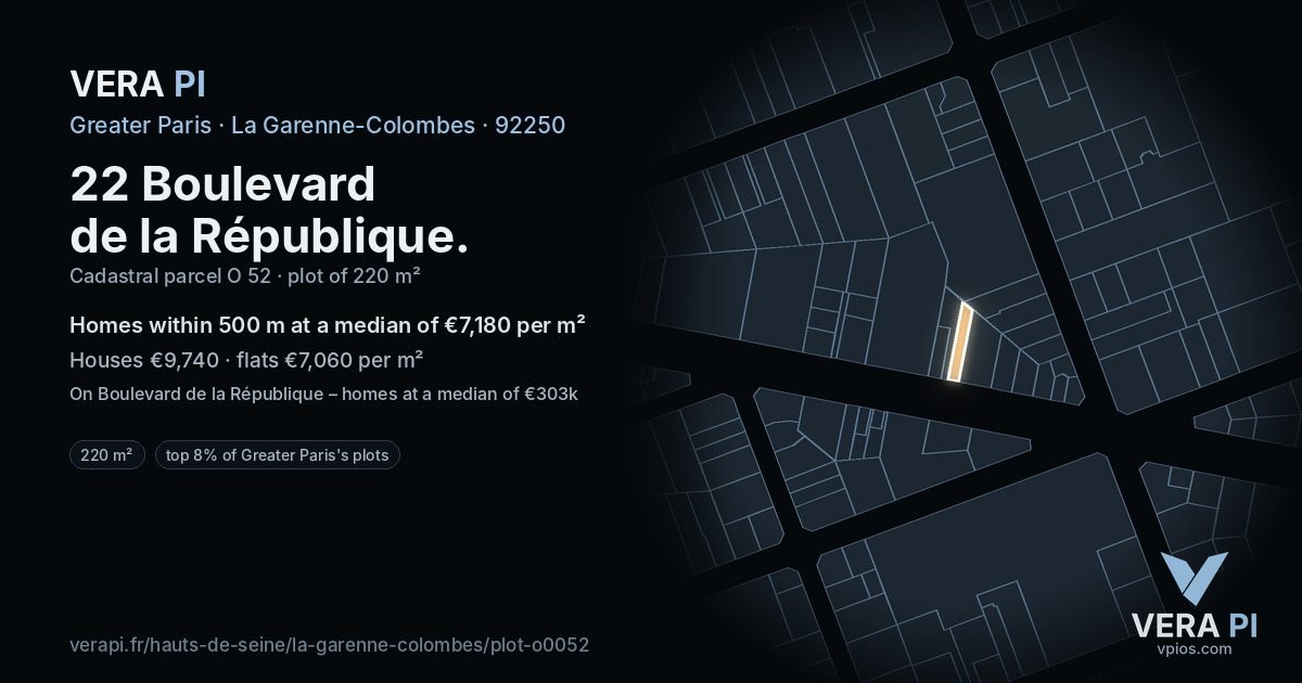 22 Boulevard de la République, La Garenne-Colombes at night – the plot lit, the parcels around coloured by the prices near them