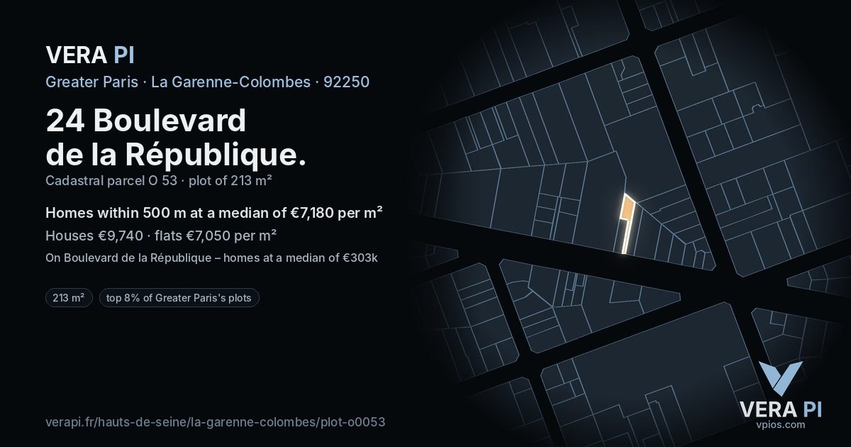 24 Boulevard de la République, La Garenne-Colombes at night – the plot lit, the parcels around coloured by the prices near them