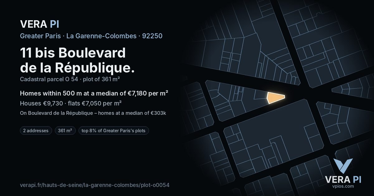 11 bis Boulevard de la République, La Garenne-Colombes at night – the plot lit, the parcels around coloured by the prices near them