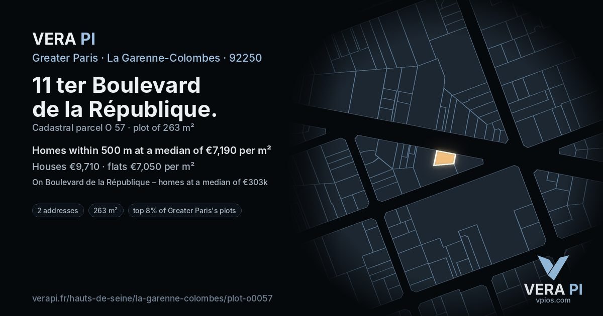 11 ter Boulevard de la République, La Garenne-Colombes at night – the plot lit, the parcels around coloured by the prices near them