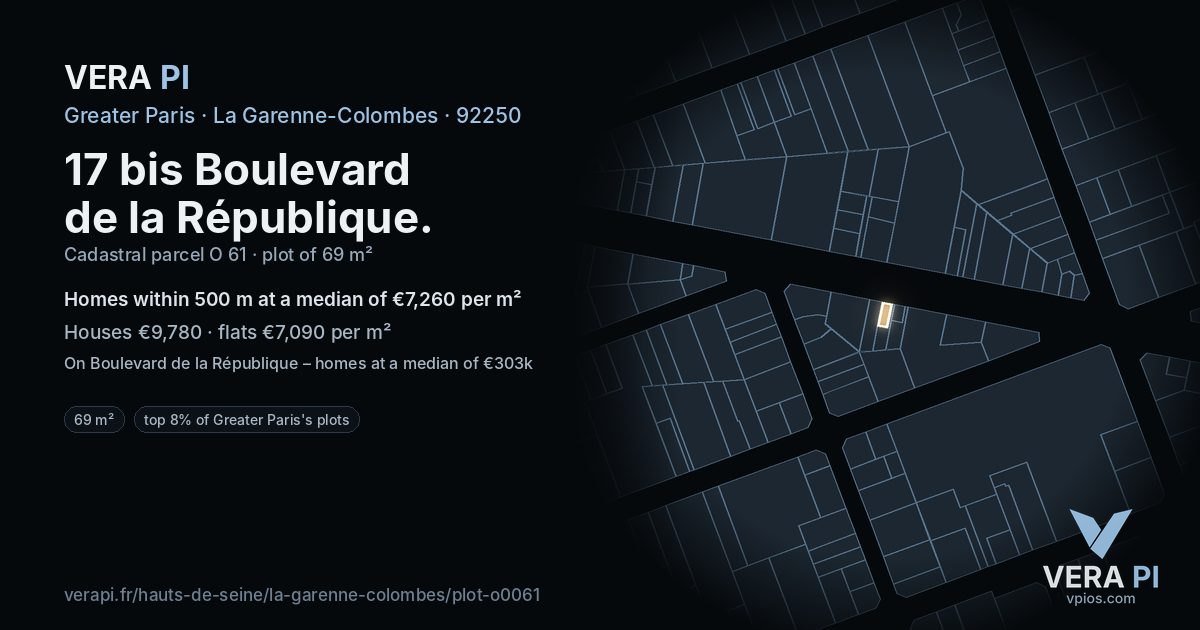 17 bis Boulevard de la République, La Garenne-Colombes at night – the plot lit, the parcels around coloured by the prices near them