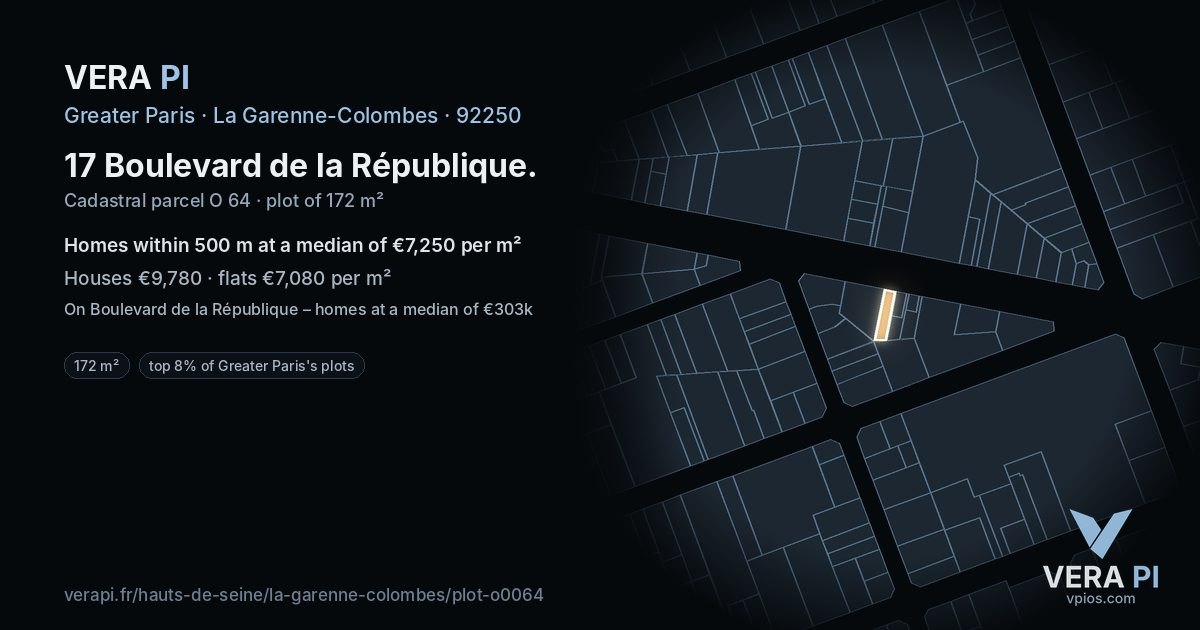 17 Boulevard de la République, La Garenne-Colombes at night – the plot lit, the parcels around coloured by the prices near them