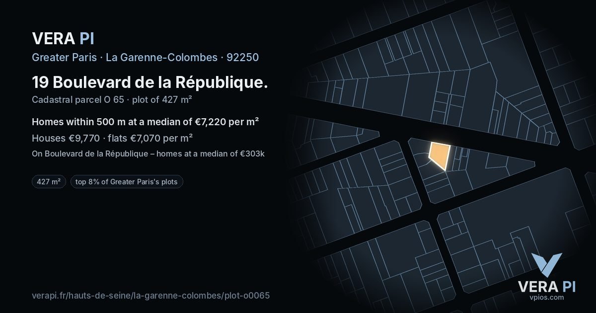 19 Boulevard de la République, La Garenne-Colombes at night – the plot lit, the parcels around coloured by the prices near them