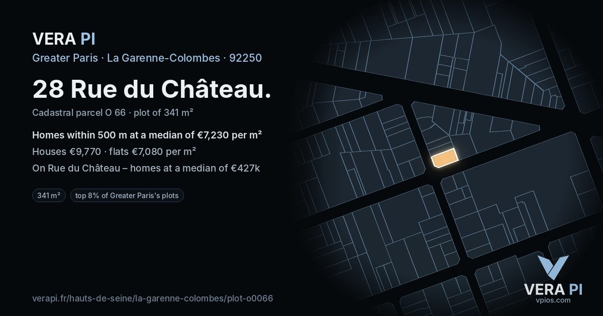 28 Rue du Château, La Garenne-Colombes at night – the plot lit, the parcels around coloured by the prices near them