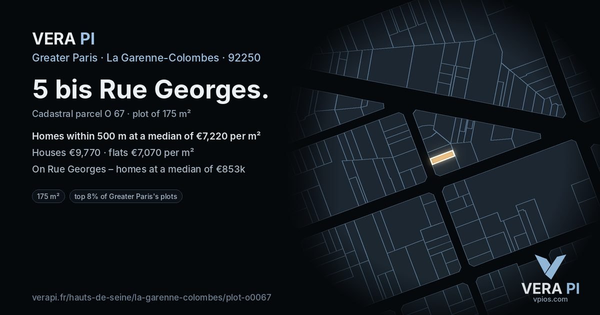 5 bis Rue Georges, La Garenne-Colombes at night – the plot lit, the parcels around coloured by the prices near them