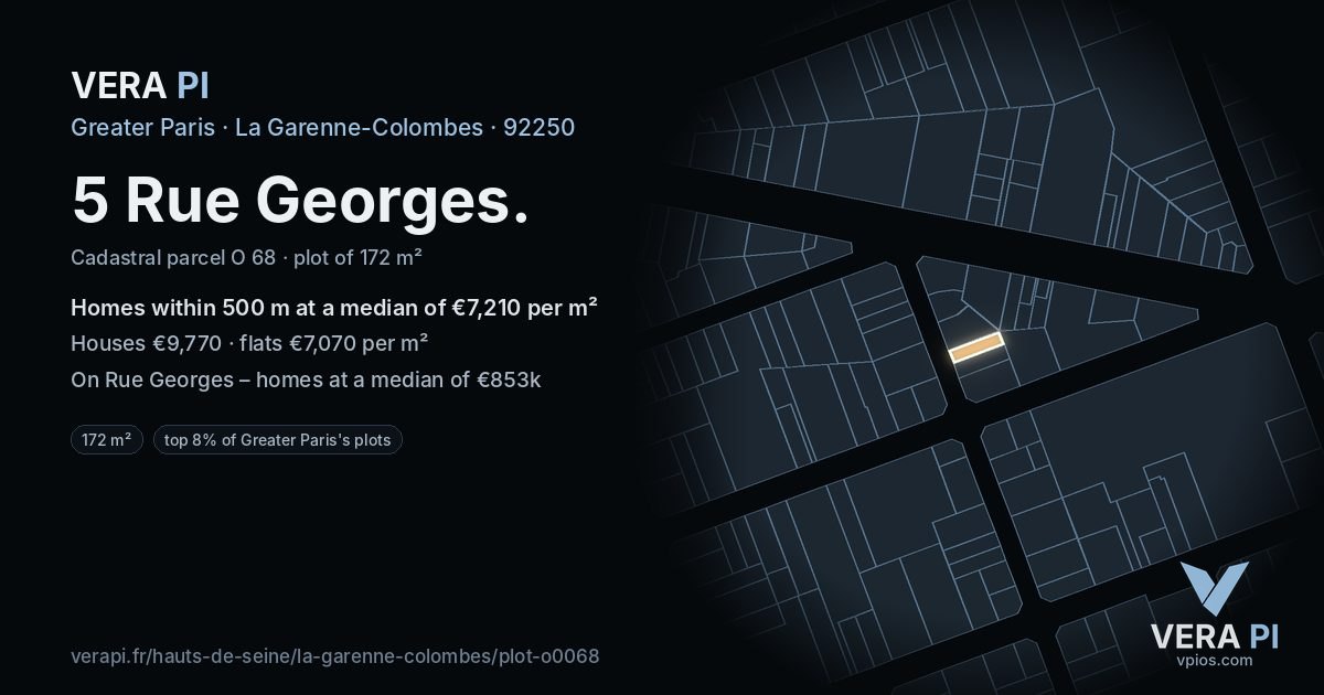 5 Rue Georges, La Garenne-Colombes at night – the plot lit, the parcels around coloured by the prices near them