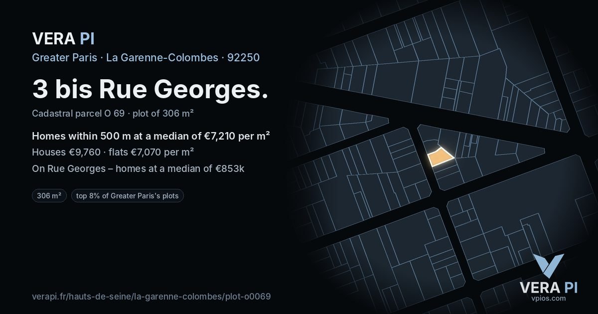 3 bis Rue Georges, La Garenne-Colombes at night – the plot lit, the parcels around coloured by the prices near them