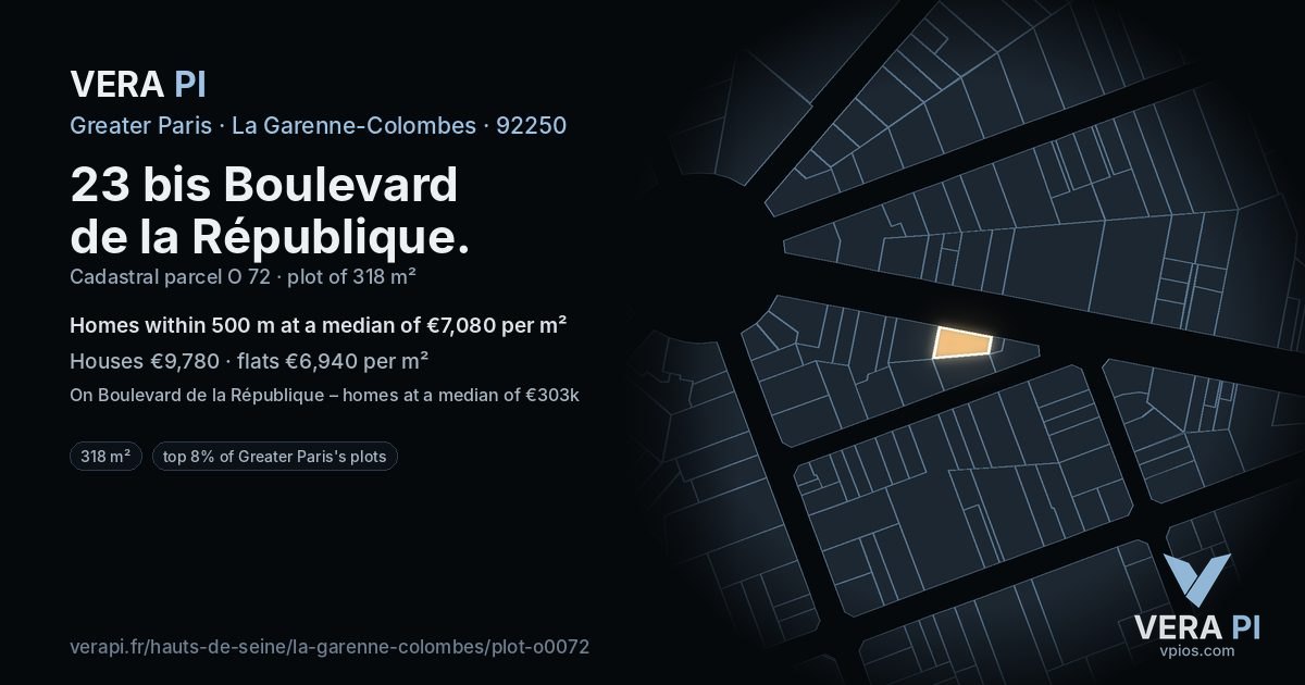 23 bis Boulevard de la République, La Garenne-Colombes at night – the plot lit, the parcels around coloured by the prices near them