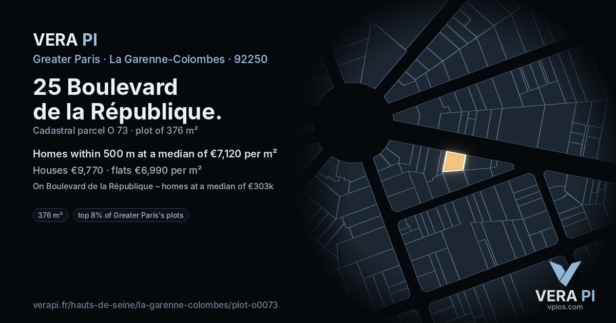 25 Boulevard de la République, La Garenne-Colombes at night – the plot lit, the parcels around coloured by the prices near them